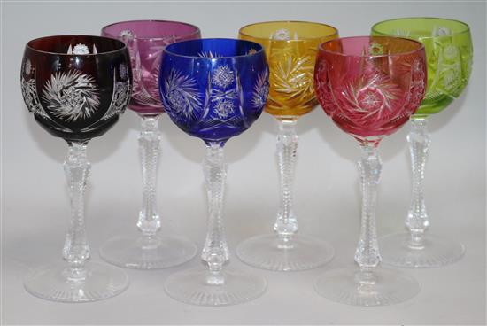 A set of six Bohemian colour overlaid hock glasses height 19cm